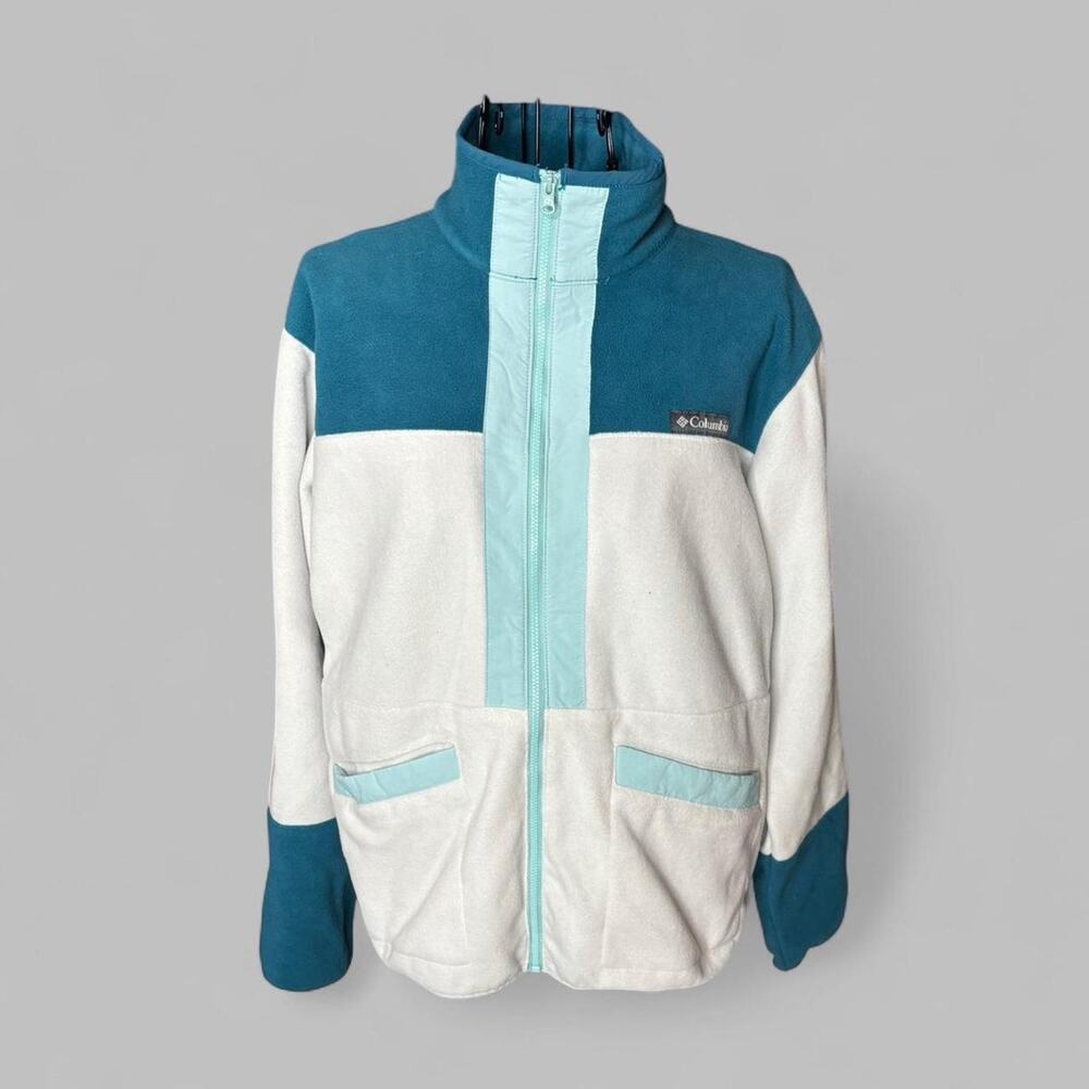Columbia Color-Block Fleece Jacket Gorpcore Retro Teal Cream Full Zip - Size S